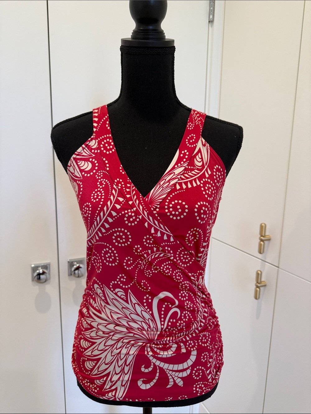 Anthropologie Red and White Printed Wrap-Style Tank Top